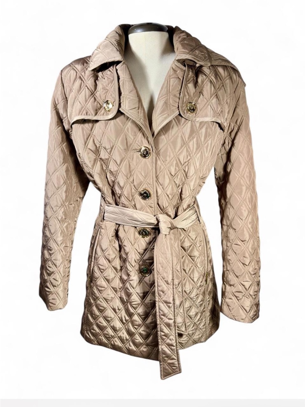 Michael Kors XL Taupe Quilted Belted Trench Coat Removable Hood Classic Preppy